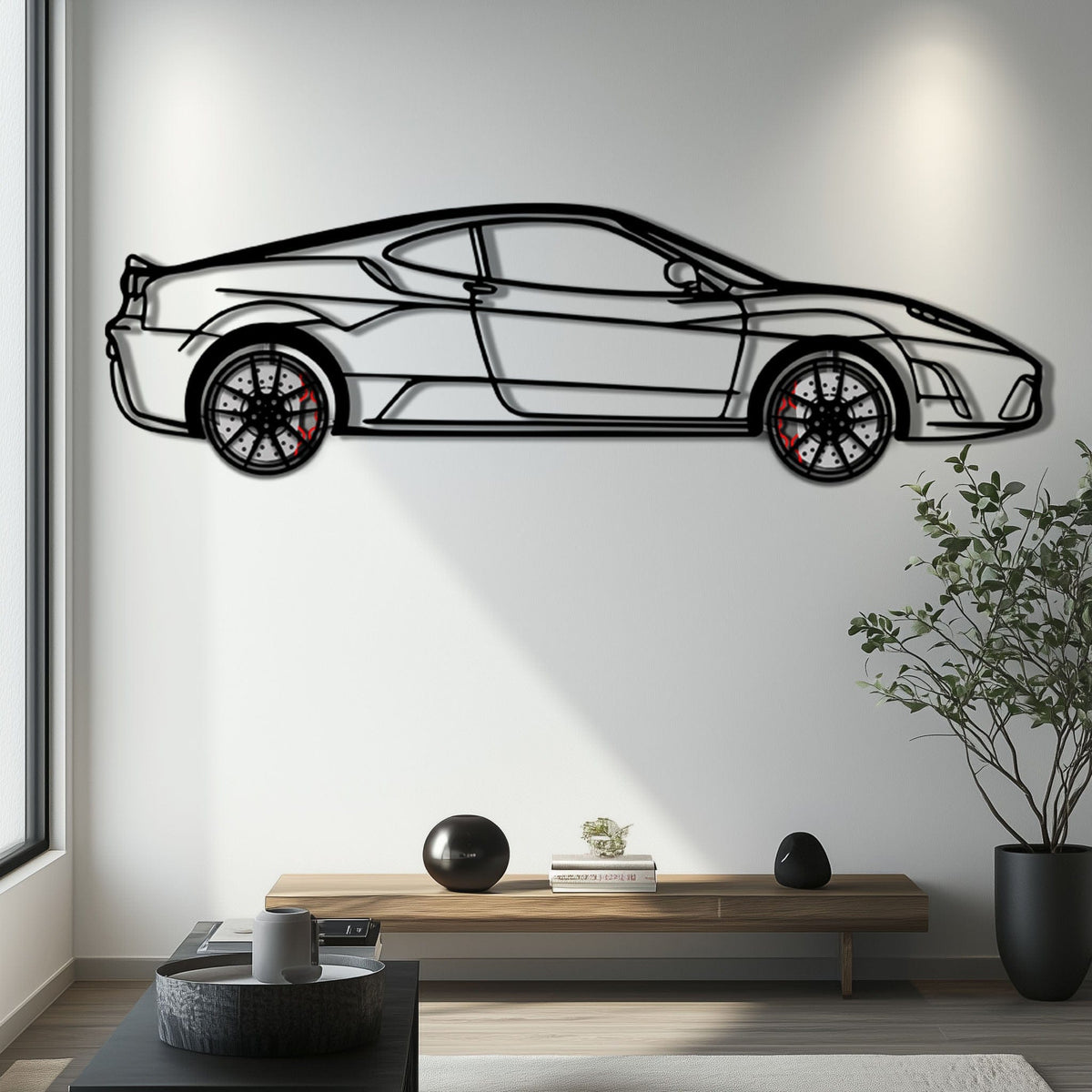 Ferrari F430 Scuderia Metal Car Wall Art with Rotating Wheels - Track-Focused V8 Silhouette - Interactive Automotive Wall Art - KAFMEKA133