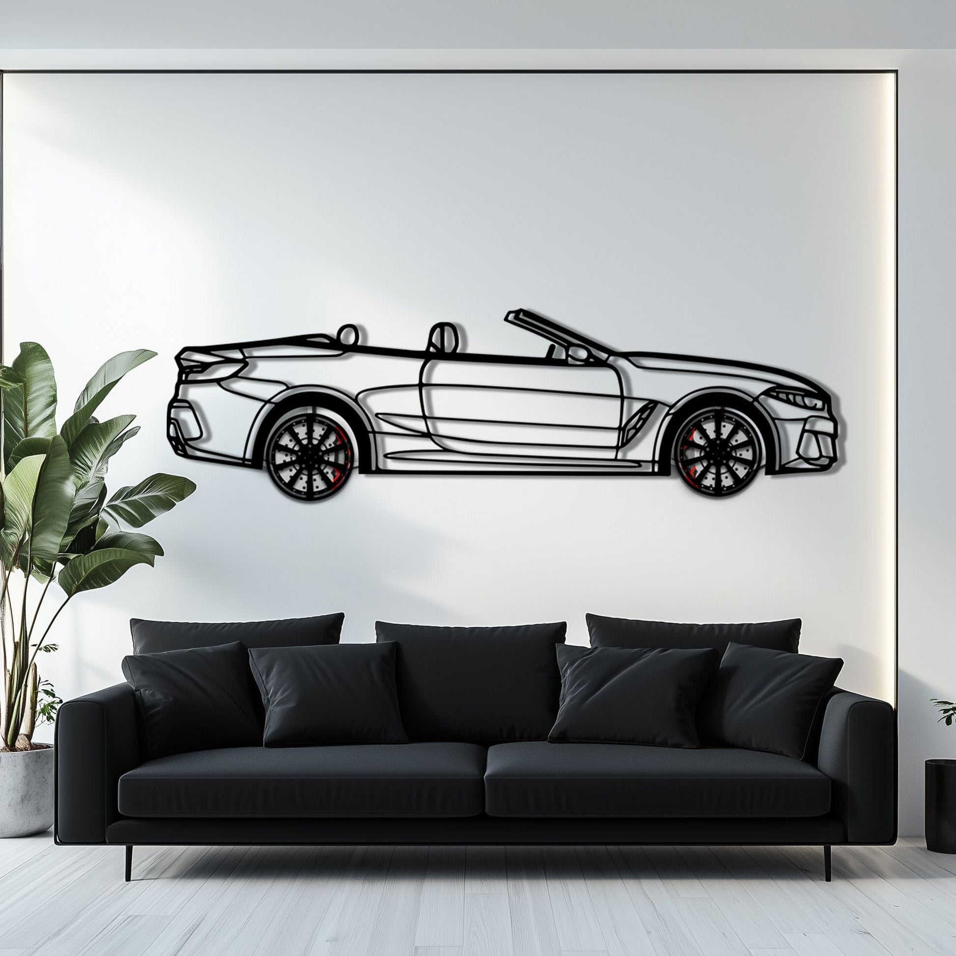 BMW 850i Metal Car Wall Art with Rotating Wheels - Luxury Grand Tourer Silhouette - Interactive Automotive Wall Decor - KAFMEKA105