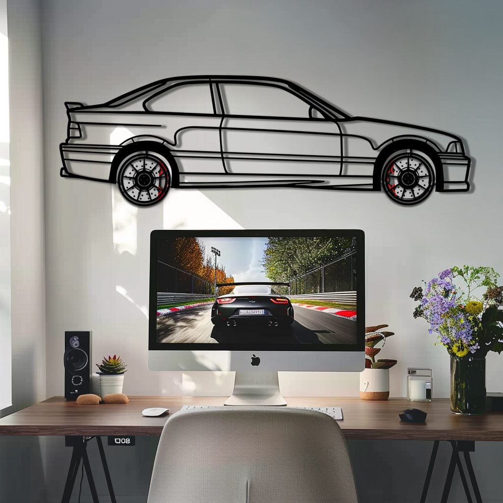 BMW E36 M3 Metal Car Wall Art with Rotating Wheels - 90s Performance Legend Silhouette - Interactive Automotive Wall Decor - KAFMEKA101