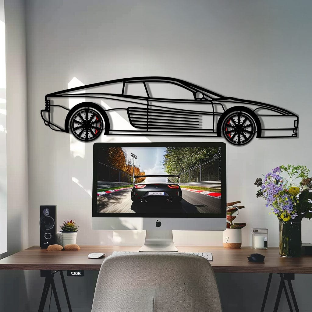 Ferrari Testarossa Metal Car Wall Art with Rotating Wheels - Iconic 80s Supercar Silhouette - Interactive Retro Automotive Decor - KAFMEKA136