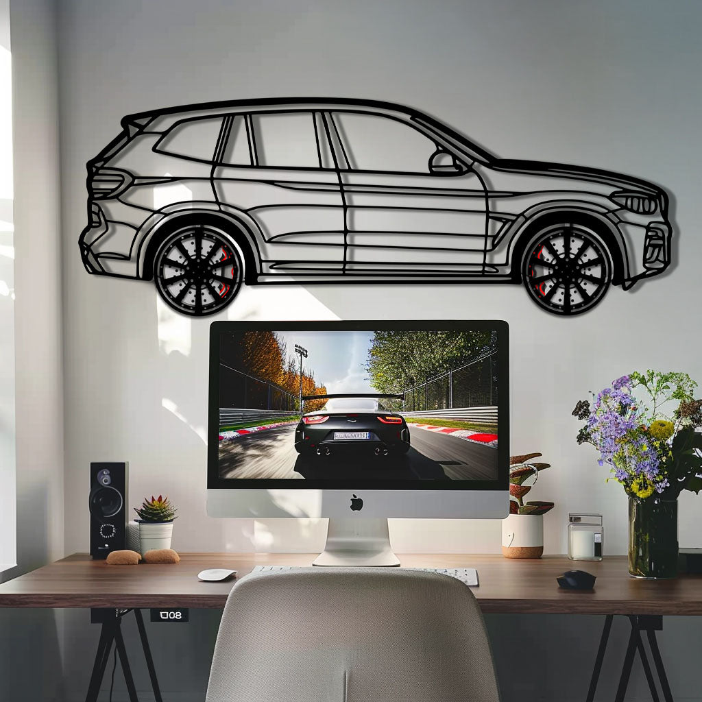 BMW X3 Metal Car Wall Art with Rotating Wheels - Modern SAV Silhouette Decor - Interactive Automotive Wall Art - KAFMEKA110