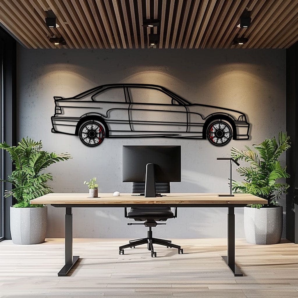 BMW E36 M3 Metal Car Wall Art with Rotating Wheels - 90s Performance Legend Silhouette - Interactive Automotive Wall Decor - KAFMEKA101