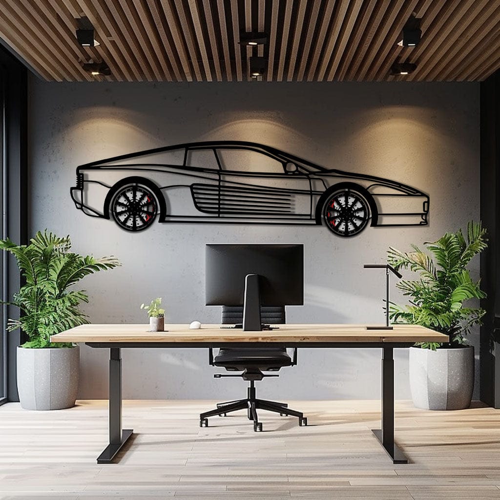Ferrari Testarossa Metal Car Wall Art with Rotating Wheels - Iconic 80s Supercar Silhouette - Interactive Retro Automotive Decor - KAFMEKA136