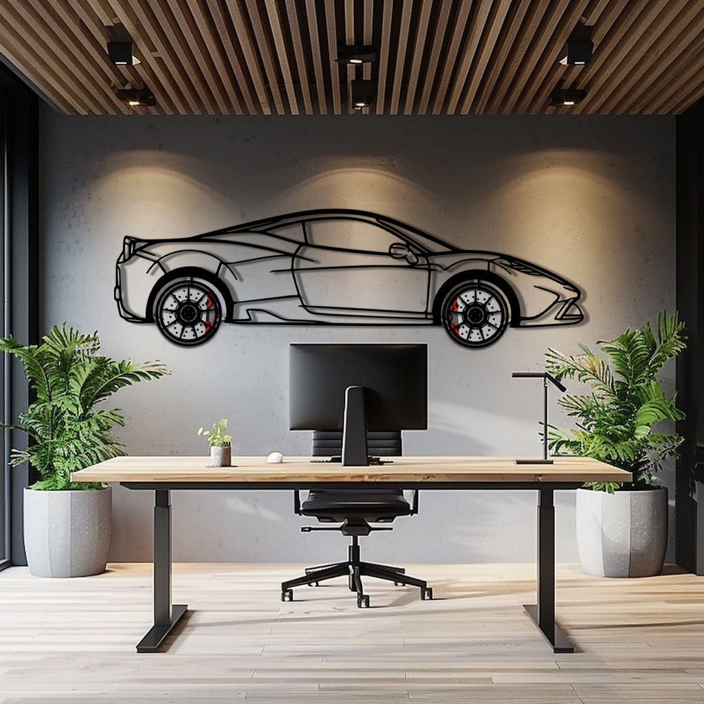 Ferrari 458 Speciale Metal Car Wall Art with Rotating Wheels - Track-Focused V8 Silhouette - Interactive Automotive Wall Decor - KAFMEKA125