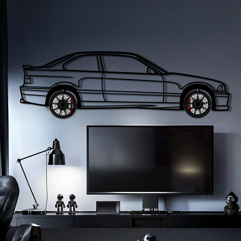 BMW E36 M3 Metal Car Wall Art with Rotating Wheels - 90s Performance Legend Silhouette - Interactive Automotive Wall Decor - KAFMEKA101