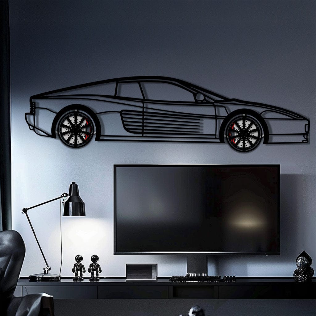 Ferrari Testarossa Metal Car Wall Art with Rotating Wheels - Iconic 80s Supercar Silhouette - Interactive Retro Automotive Decor - KAFMEKA136