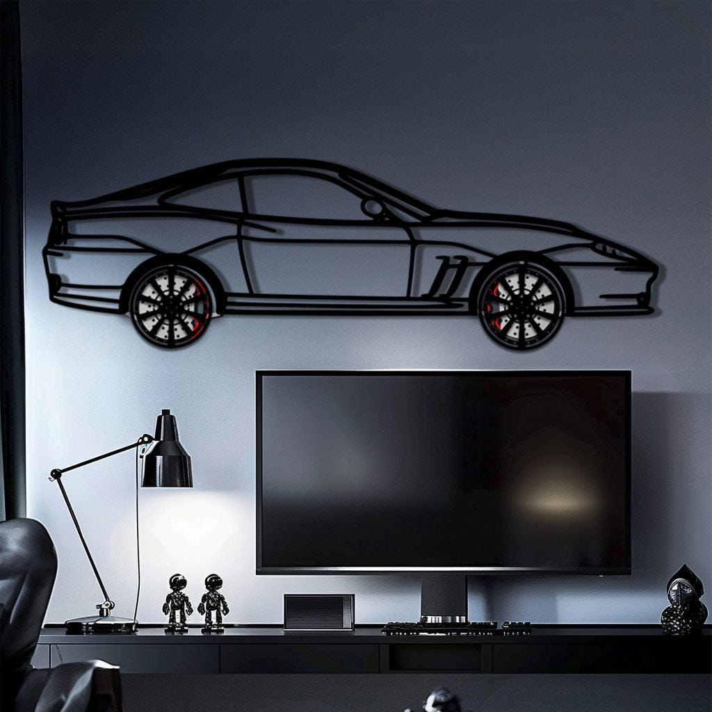 Ferrari 550 Maranello Metal Car Wall Art with Rotating Wheels - V12 Grand Tourer Silhouette - Interactive Automotive Wall Decor - KAFMEKA129
