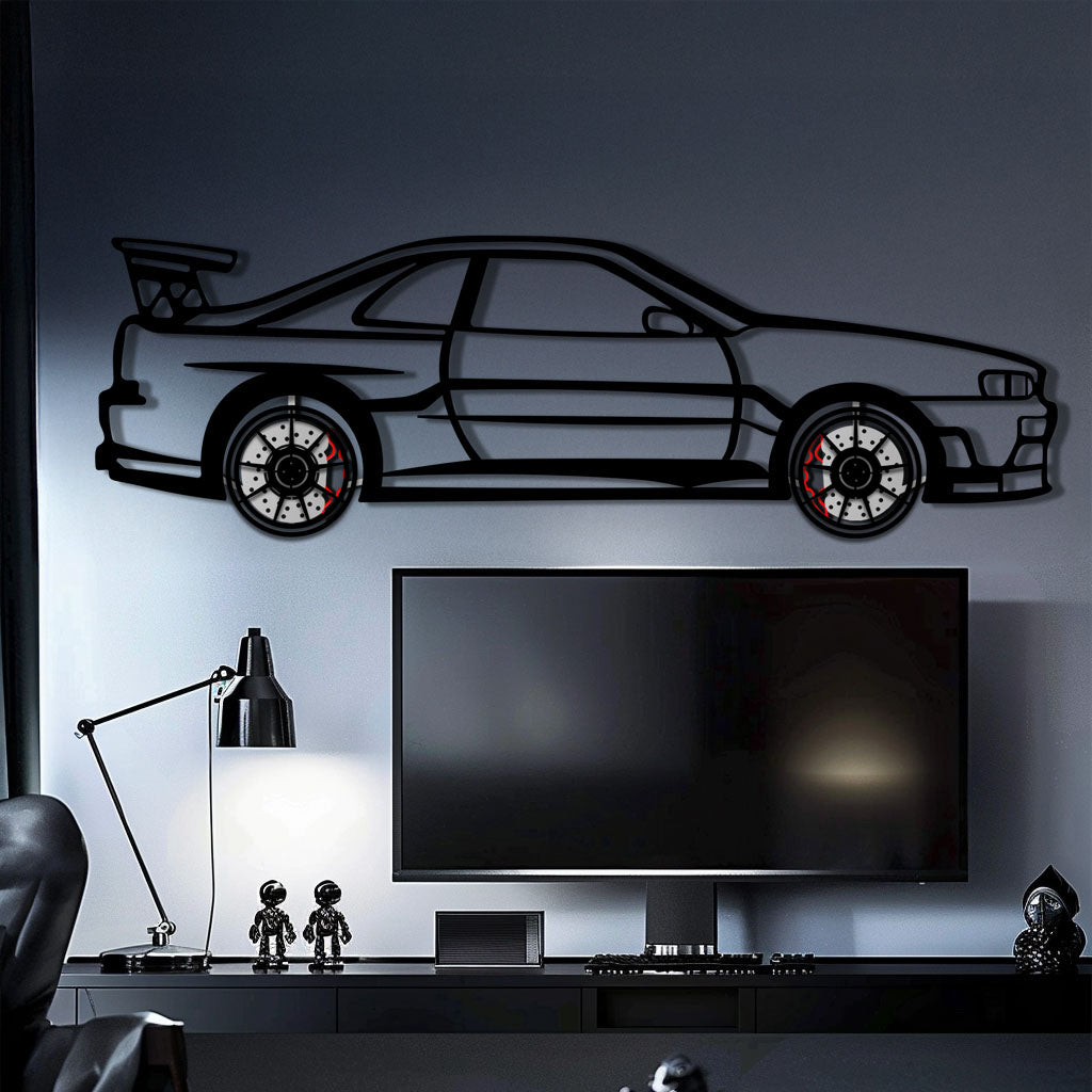 Nissan Skyline GT-R R34 Metal Car Wall Art with Rotating Wheels - "Godzilla" JDM Legend Silhouette - Interactive Automotive Wall Decor - KAFMEKA152