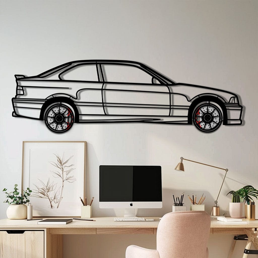 BMW E36 M3 Metal Car Wall Art with Rotating Wheels - 90s Performance Legend Silhouette - Interactive Automotive Wall Decor - KAFMEKA101