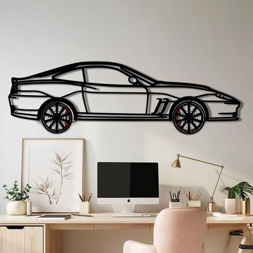 Ferrari 550 Maranello Metal Car Wall Art with Rotating Wheels - V12 Grand Tourer Silhouette - Interactive Automotive Wall Decor - KAFMEKA129