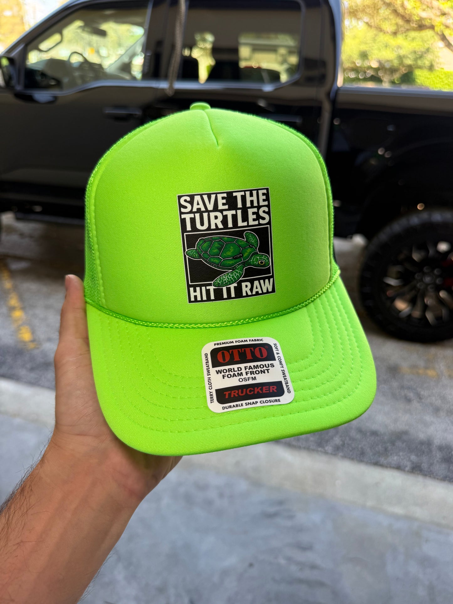 Save The Turtles Neon Green Foam Front Trucker Hat by Luckless Outfitters