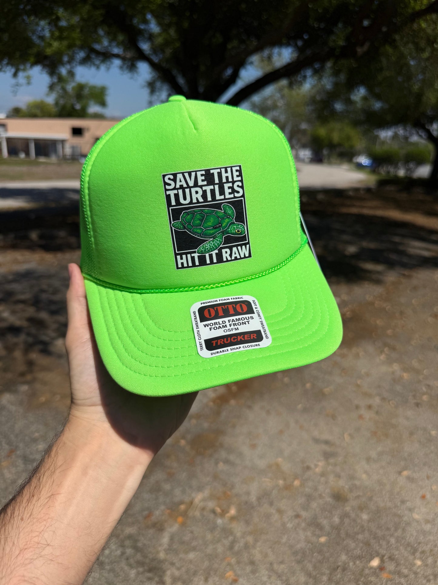 Save The Turtles Neon Green Foam Front Trucker Hat by Luckless Outfitters