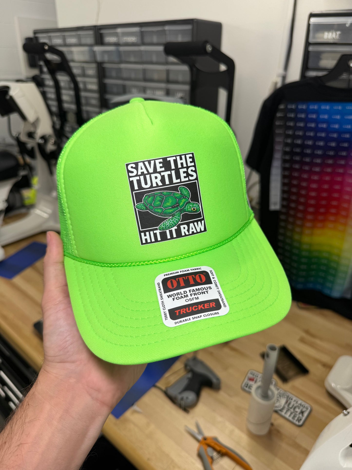 Save The Turtles Neon Green Foam Front Trucker Hat by Luckless Outfitters