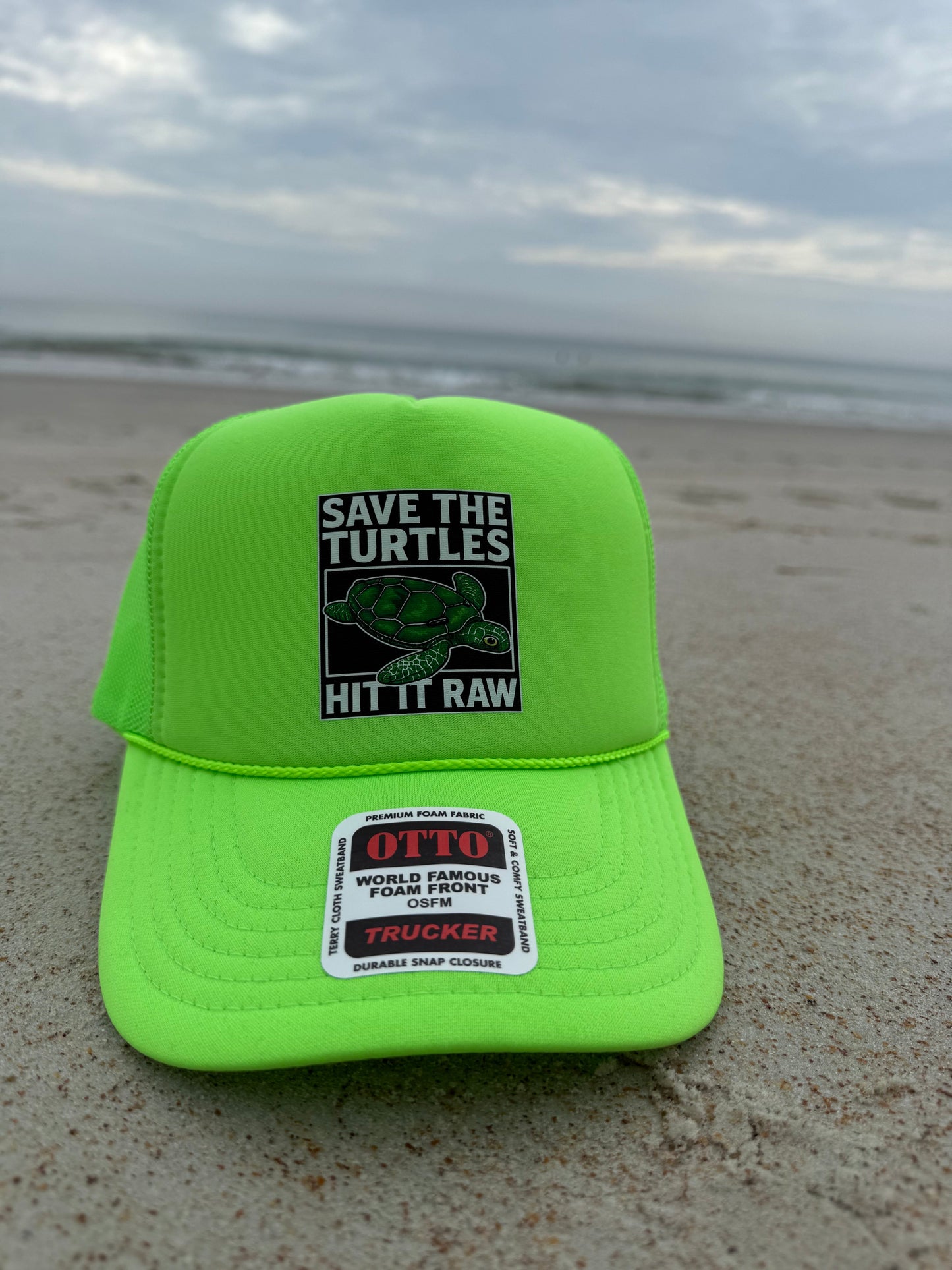 Save The Turtles Neon Green Foam Front Trucker Hat by Luckless Outfitters