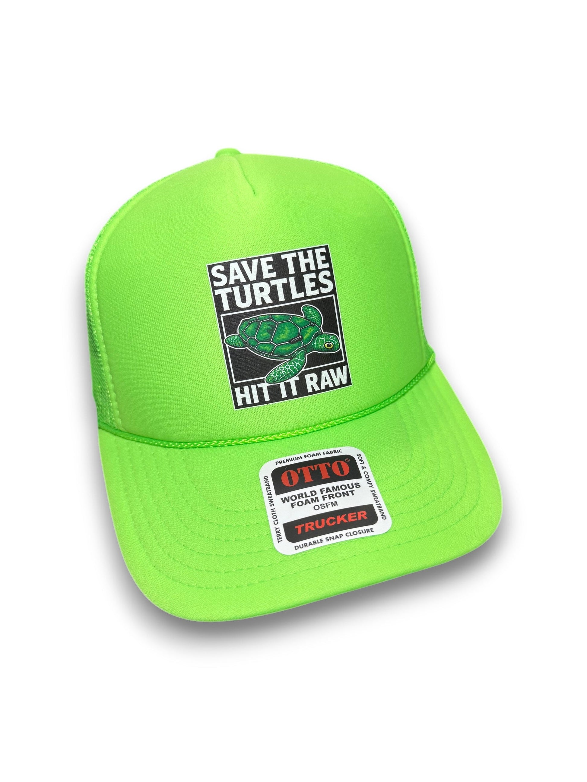 Save The Turtles Neon Green Foam Front Trucker Hat by Luckless Outfitters