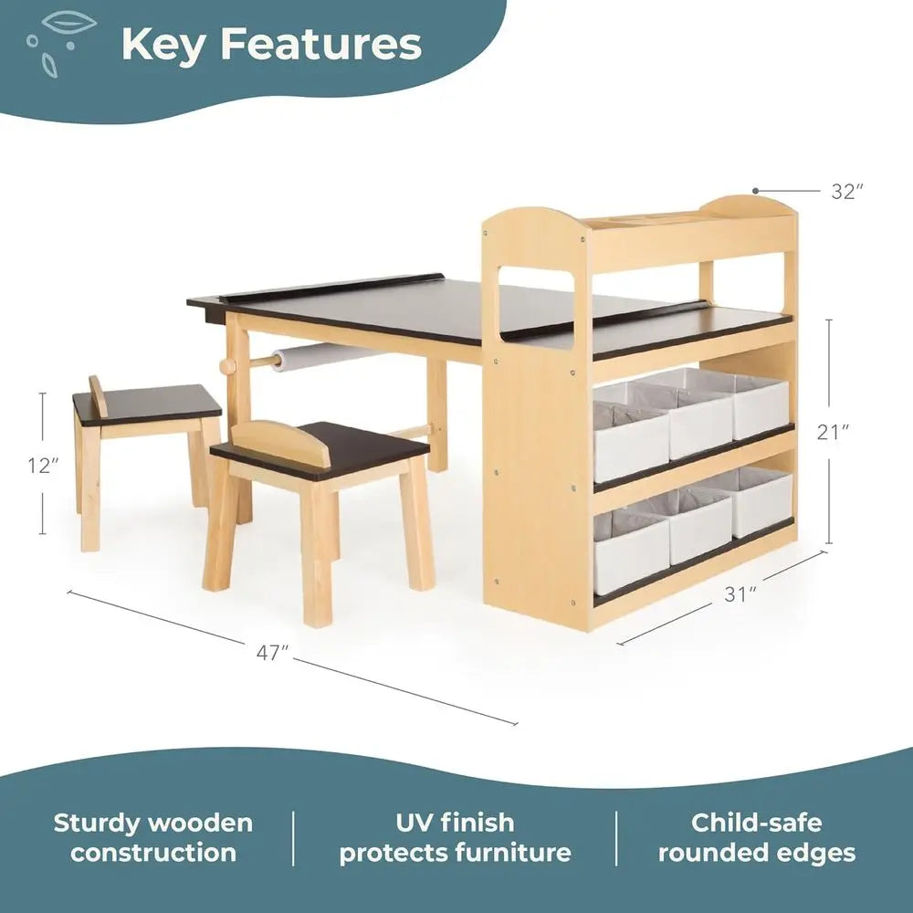 Children's Art Table And Chairs Set With Storage Paper Roll
