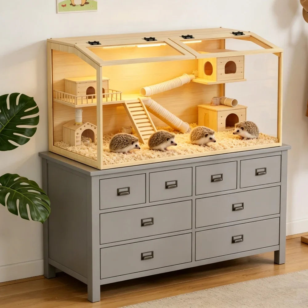 Wooden Hamster Cage With Tempered Glass LED Light Open Roof