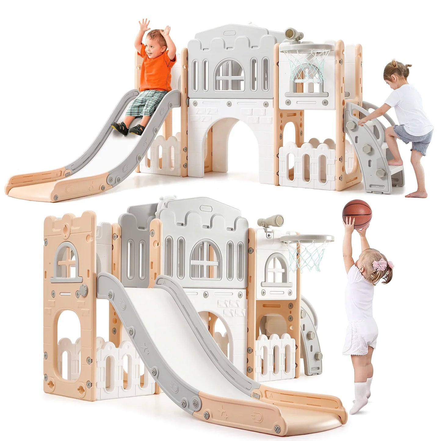 Toddler Indoor Slide Playset 8 In 1 With Basketball Hoop