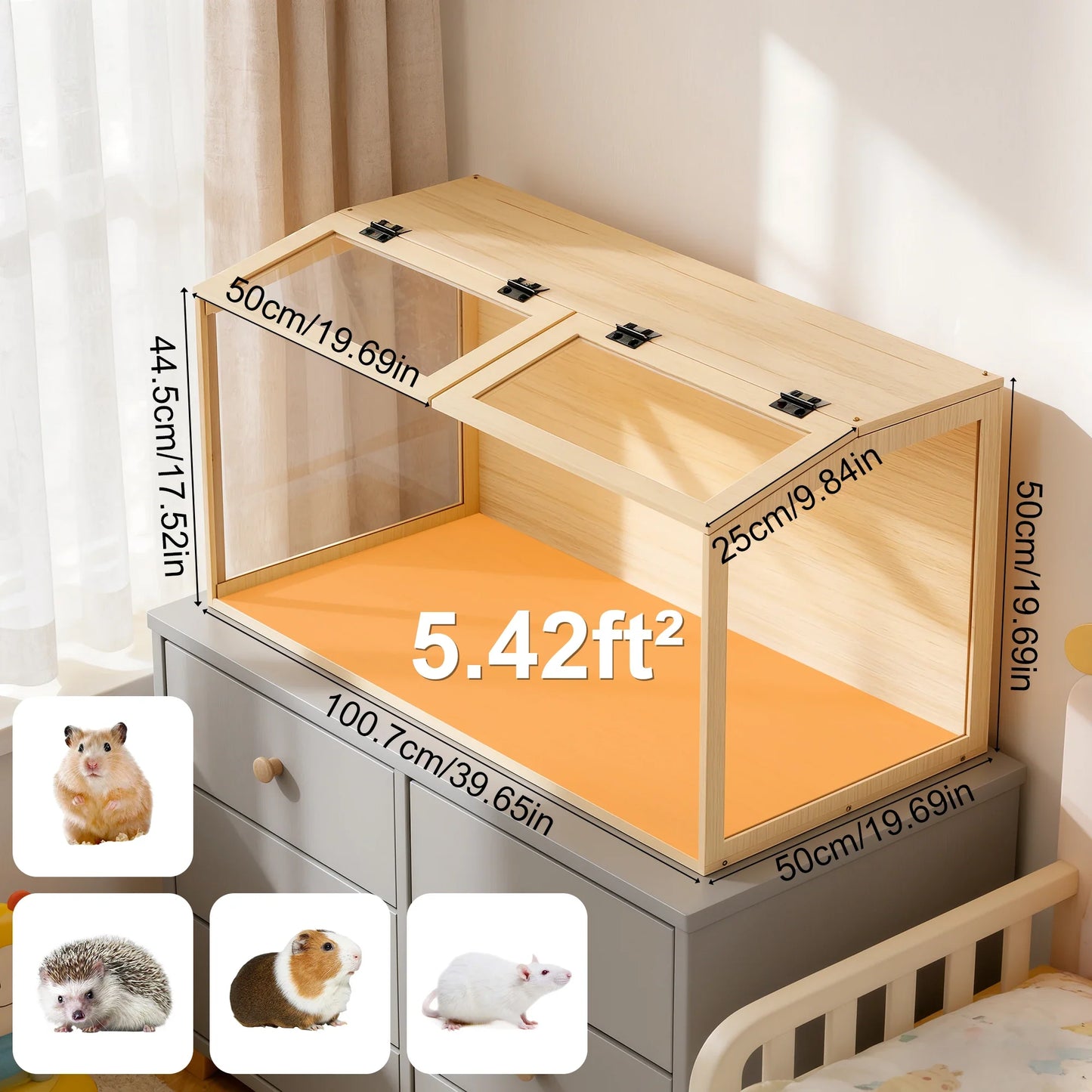 Wooden Hamster Cage With Tempered Glass LED Light Open Roof
