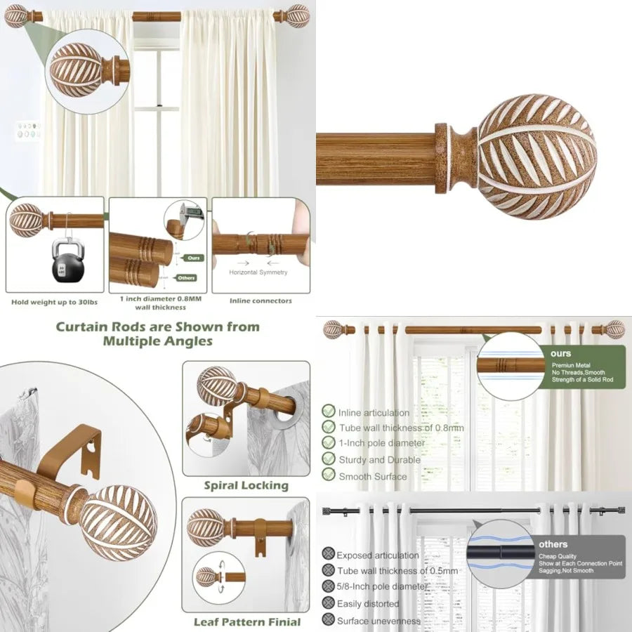 Wood Curtain Rods, Boho Adjustable, Imitation Wood Grain Leaf Design