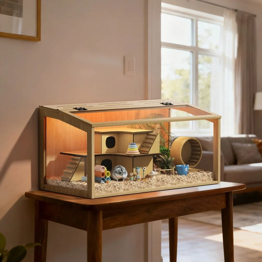 Wooden Hamster Cage With Tempered Glass LED Light Open Roof