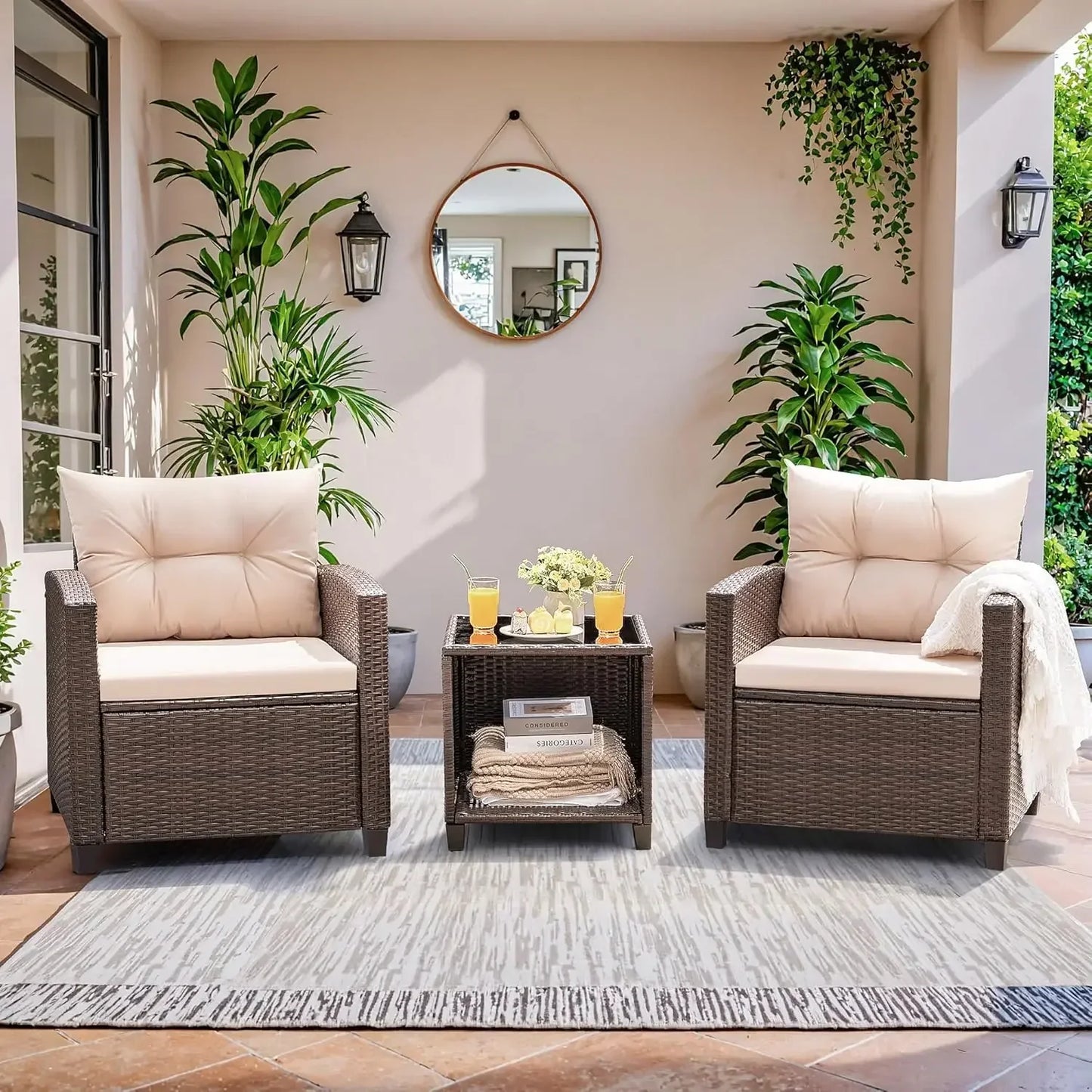 Rattan Wicker Patio Set 3 Pieces With Chairs And Table