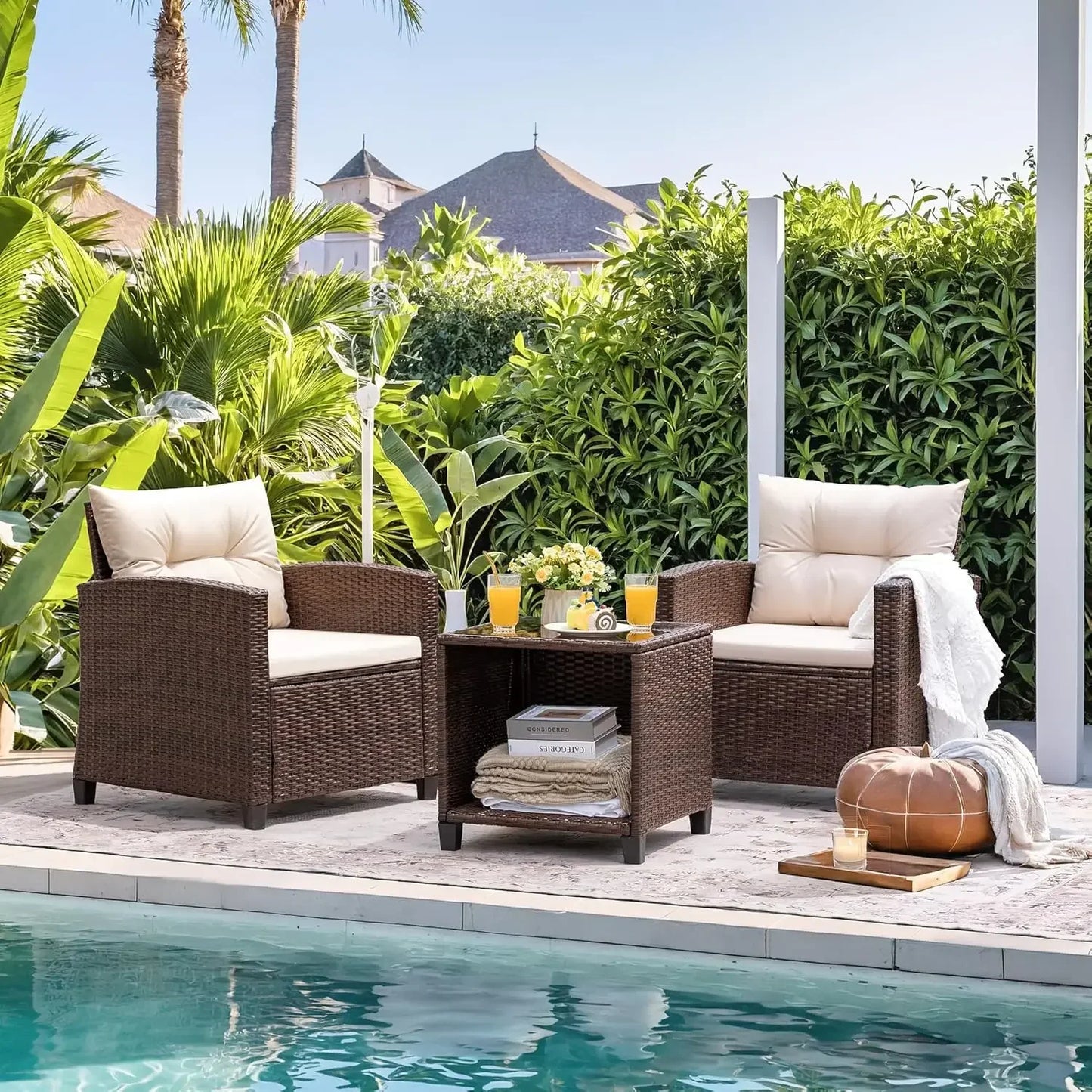 Rattan Wicker Patio Set 3 Pieces With Chairs And Table