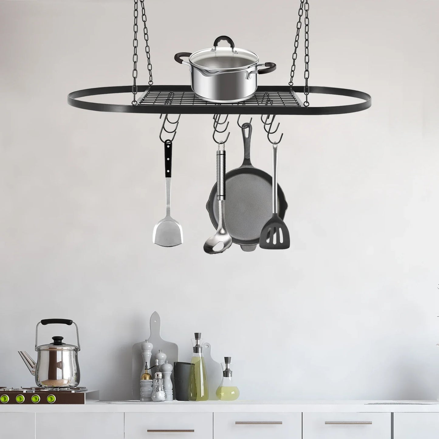 Iron Kitchen Wall Mounted Pot And Pan Rack With Hooks