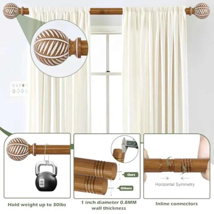 Wood Curtain Rods, Boho Adjustable, Imitation Wood Grain Leaf Design