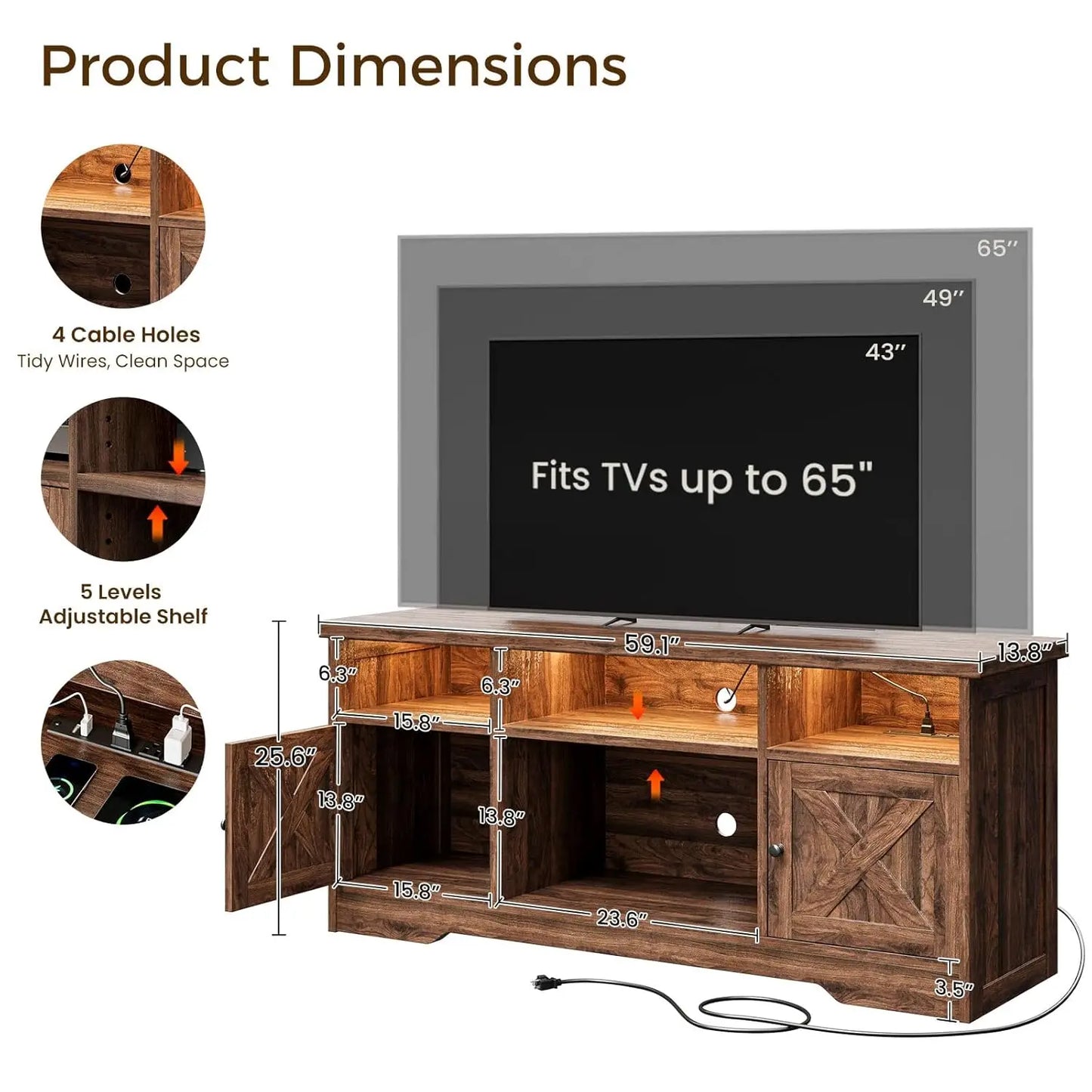 BIANXIANG Farmhouse TV Stand With Power Outlet And LED Lighting