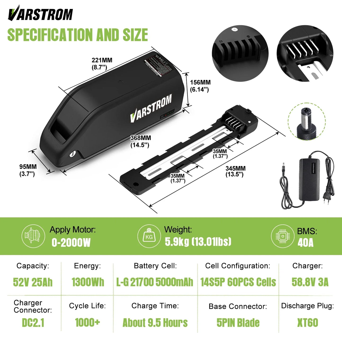 Varstrom Ebike Battery 48V 20Ah 40A BMS Downtube Pack