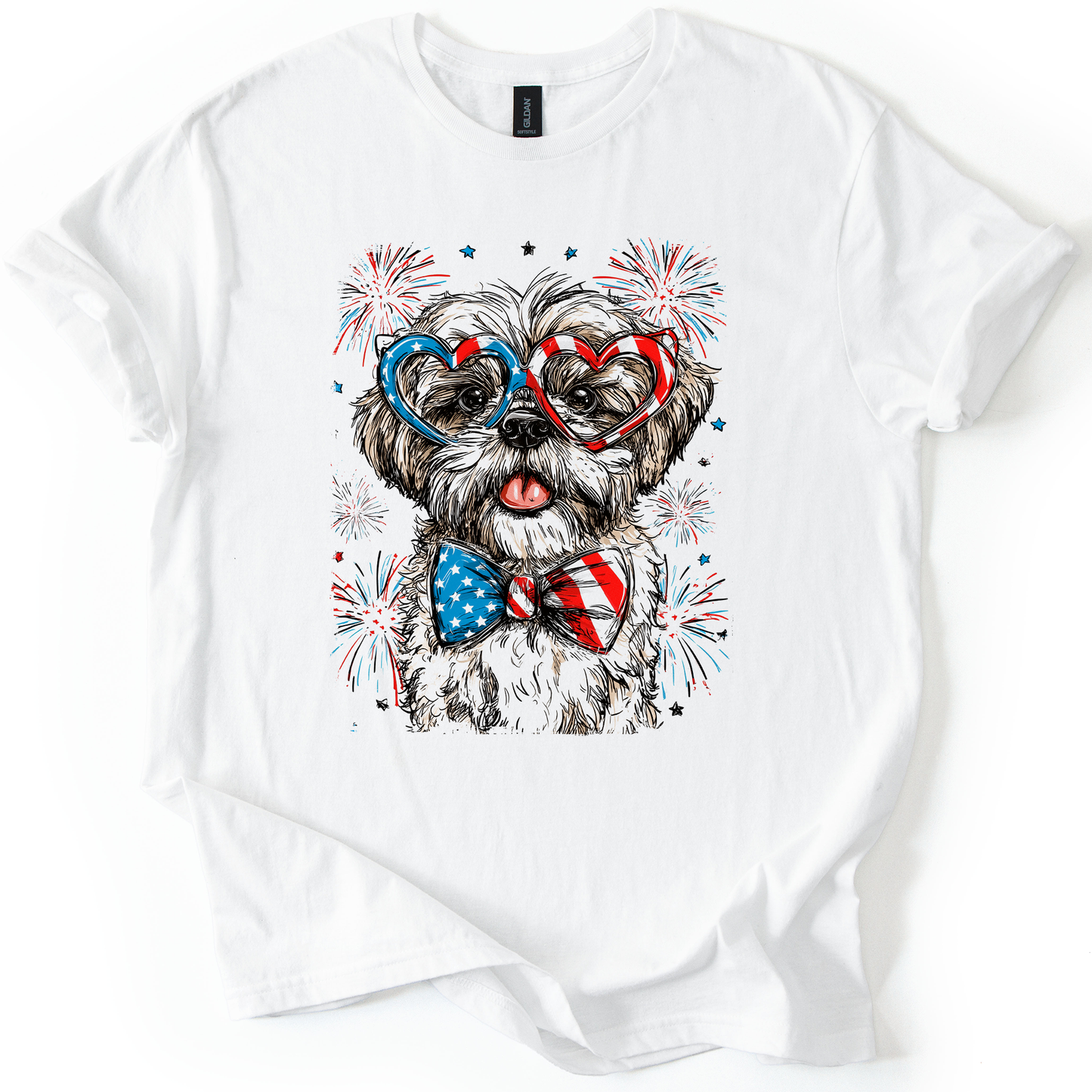 Shih Tzu Patriotic Dog Proudly American USA Fourth Of July Celebration With Flag Imagery For Pet Lovers Graphic Tee