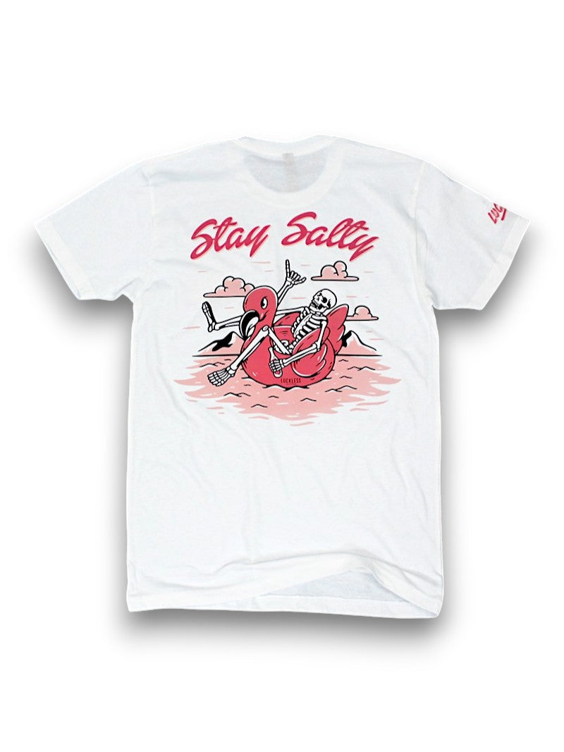 Stay Salty Tee by Luckless Outfitters - Funny White Women’s Beach T-Shirt with Pink Flamingo Float Graphic