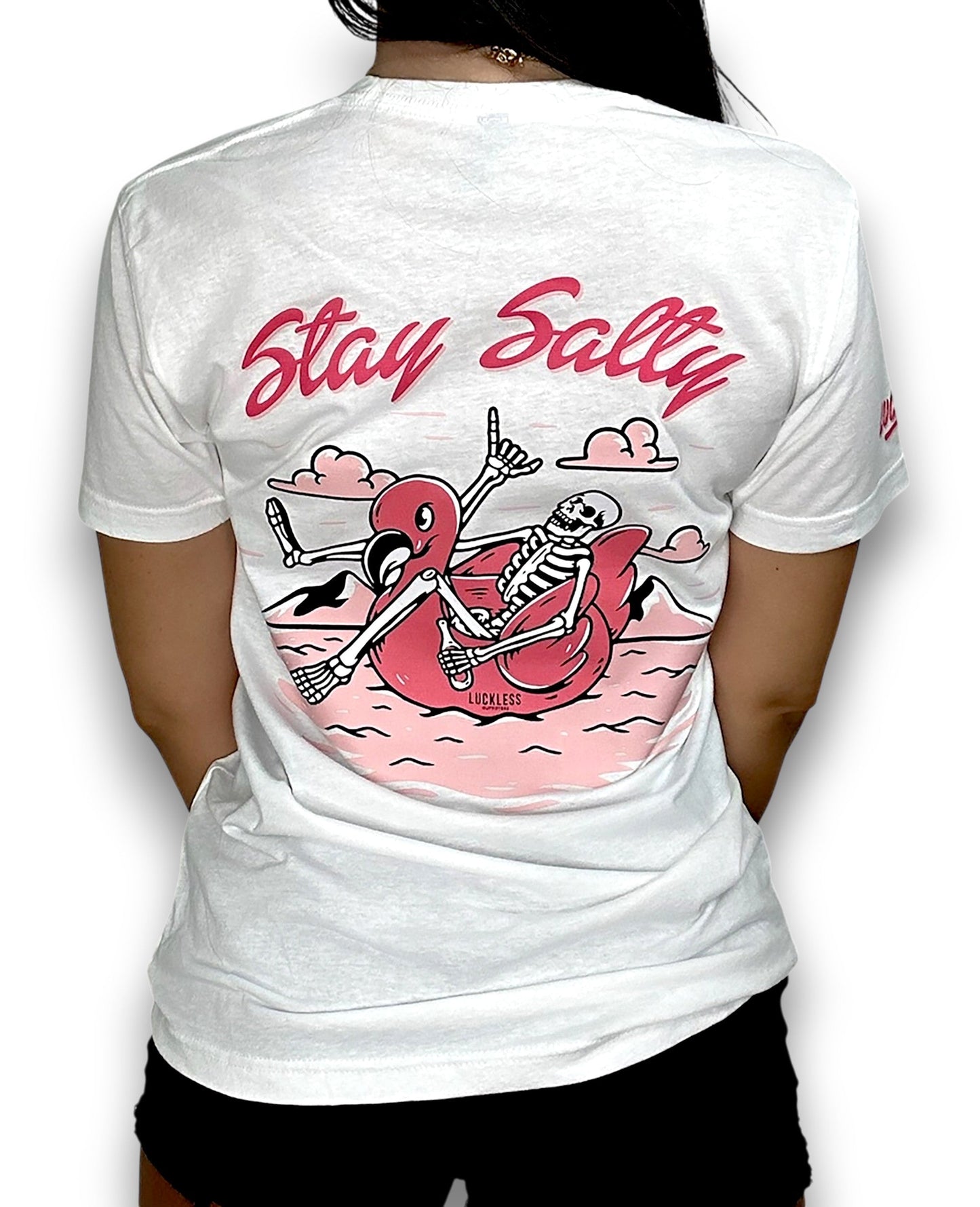 Stay Salty Tee by Luckless Outfitters - Funny White Women’s Beach T-Shirt with Pink Flamingo Float Graphic
