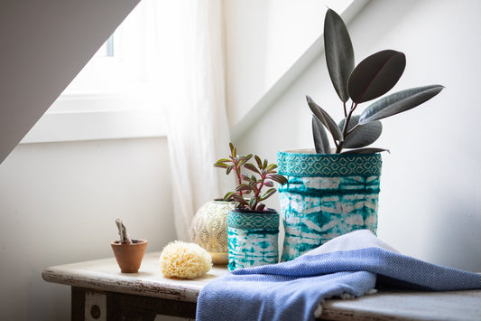 Wild Silk Shibori Basket - Stick Pattern - Emerald & Natural