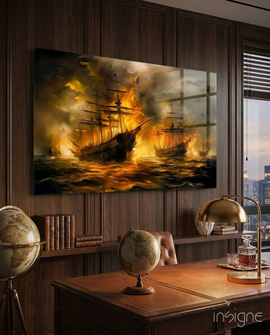Navy in Flames Glass Wall Art | Designer Collection