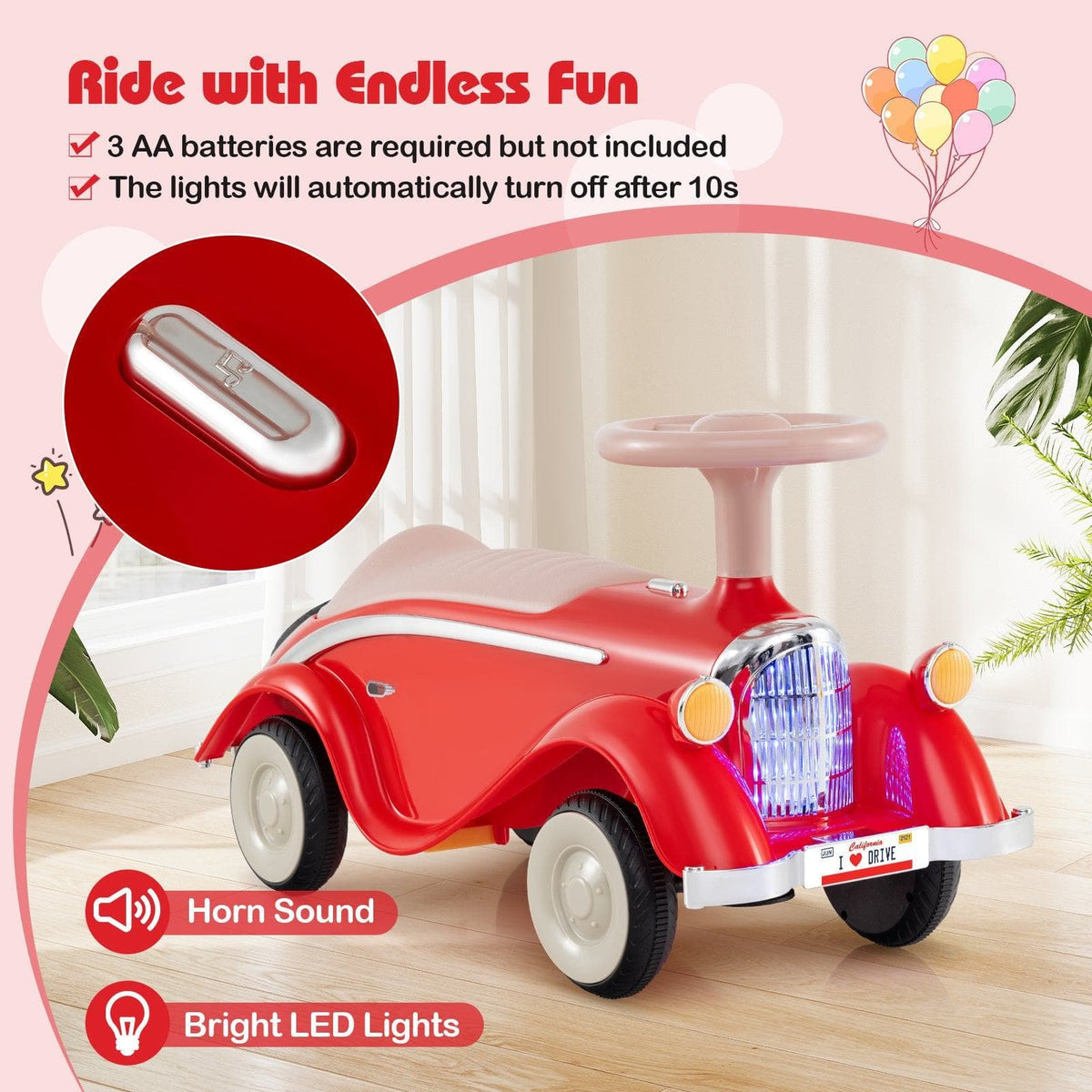 Toddler Ride on Toy Classic Sliding Car with Horn and LED Headlight