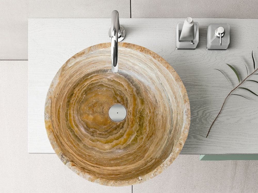 Travertine Onyx Natural Stone Round Vessel Sink - 16 Inch Diameter