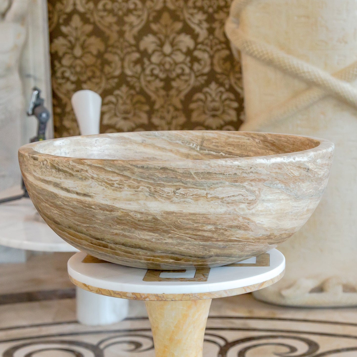 Travertine Onyx Natural Stone Round Vessel Sink - 16 Inch Diameter