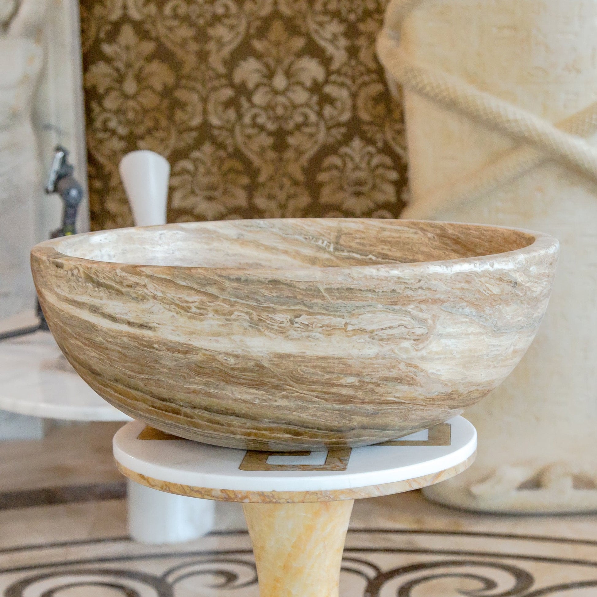 Travertine Onyx Natural Stone Round Vessel Sink - 16 Inch Diameter