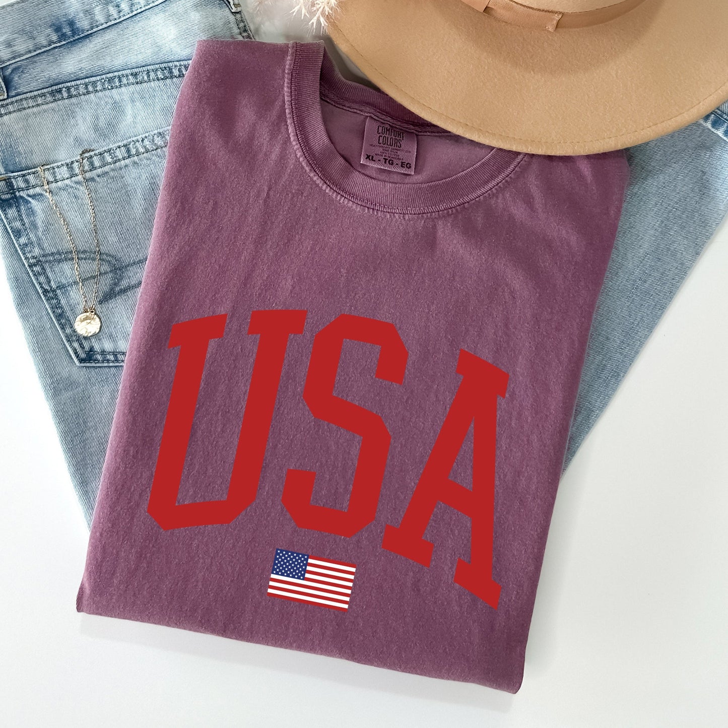 USA Flag Patriotic American Pride Print Emblem With Bold Stars And Stripes Across The Banner Comfort Colors Tee