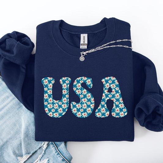 USA Retro Daisies Patriotic America Fourth of July Vintage Inspired Graphic Celebration Edition Sweatshirt