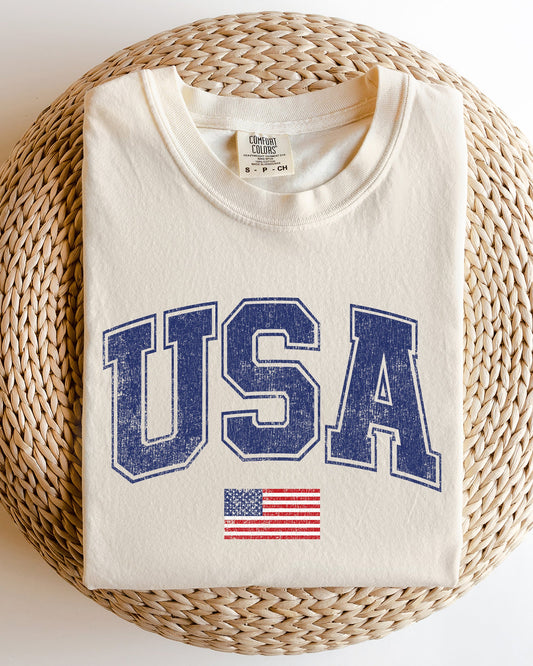 USA Flag Collegiate Varsity Patriotic Independence Day Fourth Of July America Olympics Comfort Colors Tee