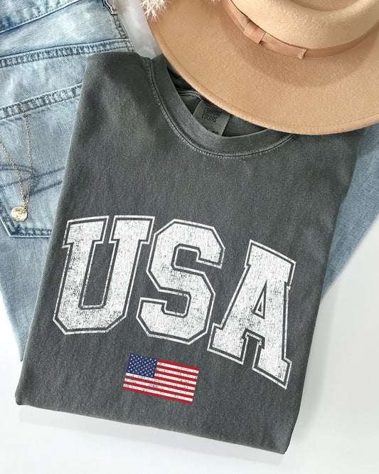USA Flag Collegiate Varsity Olympics Patriotic Independence Day Fourth Of July America Comfort Colors Tee