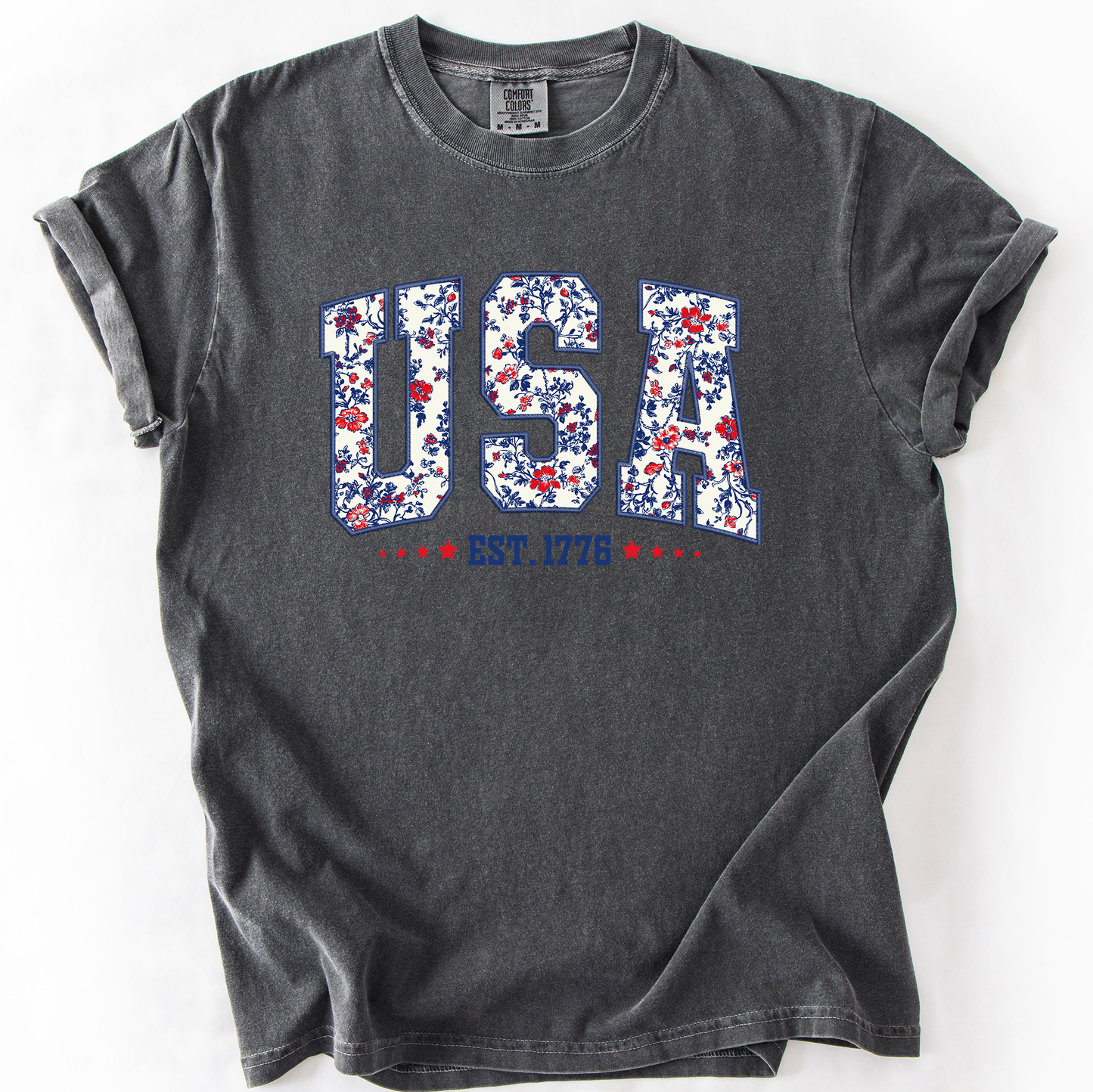 USA Floral Pattern Est 1776 Patriotic America Flag Inspired Edition Comfort Colors Tee