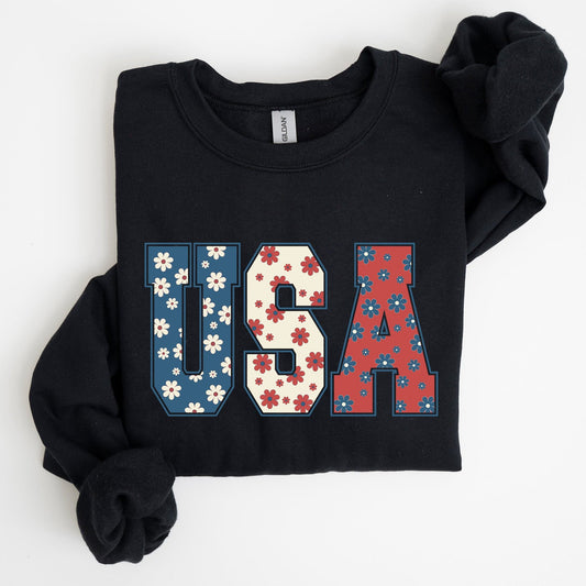 USA Floral Print Patriotic Flag and Stars Design Celebrating American Pride for Everyday Wear Sweatshirt