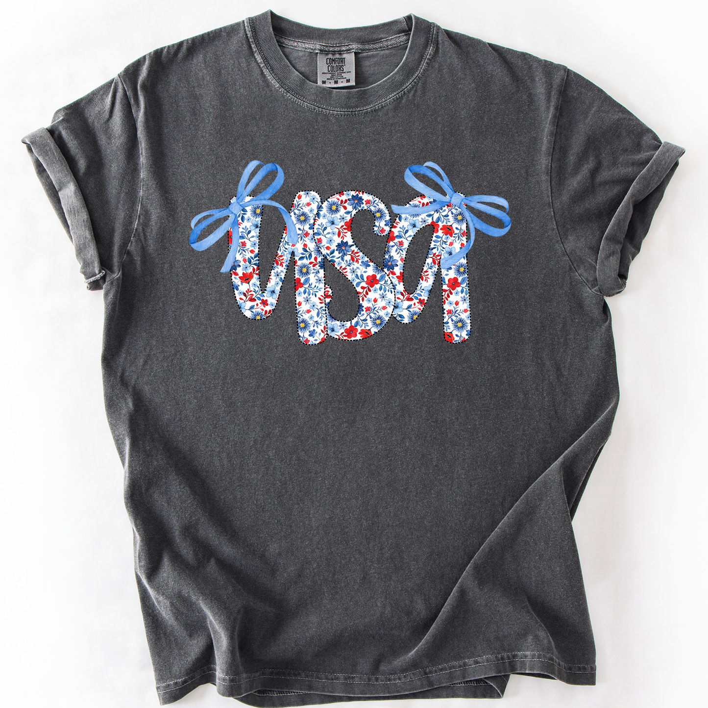 USA Patriotic Floral Patterns With Ribbons For Fourth Of July And American Pride Comfort Colors Tee