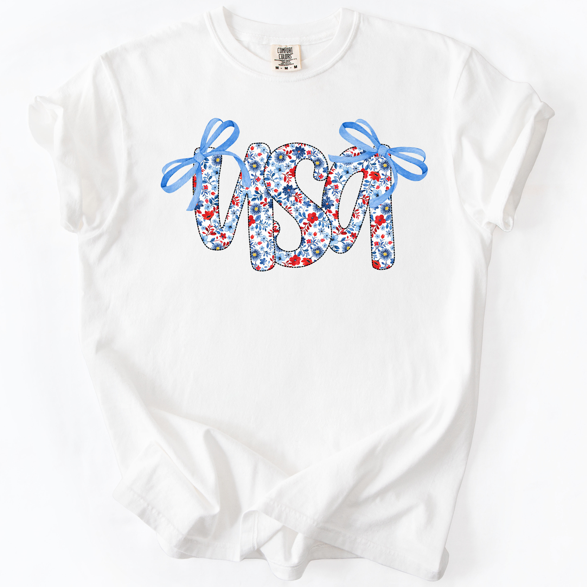 USA Patriotic Floral Patterns With Ribbons For Fourth Of July And American Pride Comfort Colors Tee