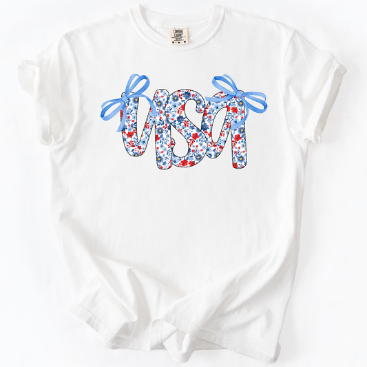 USA Patriotic Floral Patterns With Ribbons For Fourth Of July And American Pride Comfort Colors Tee