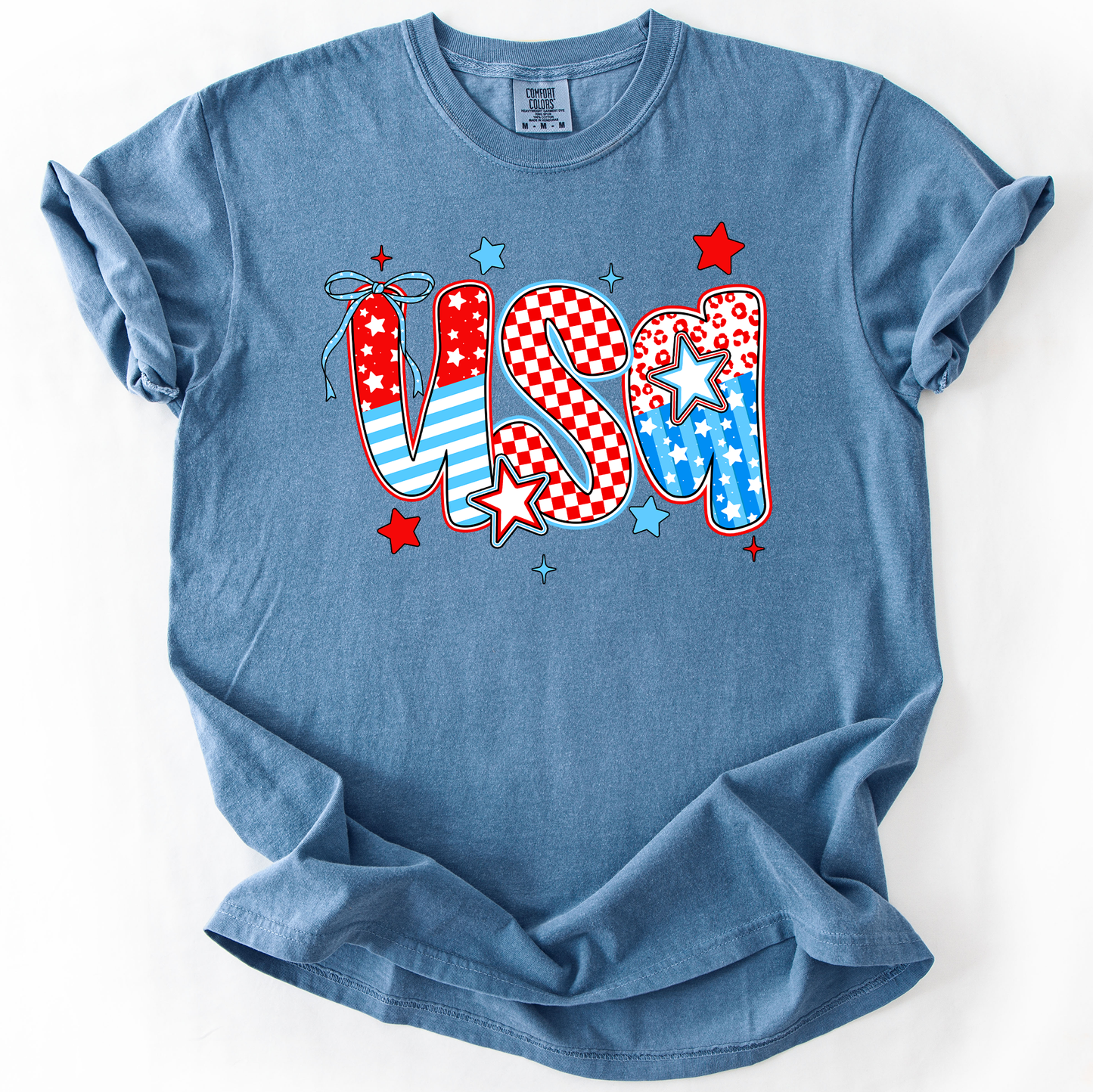 USA Patriotic Patterns Bow Fourth Of July America Design Edition Comfort Colors Tee